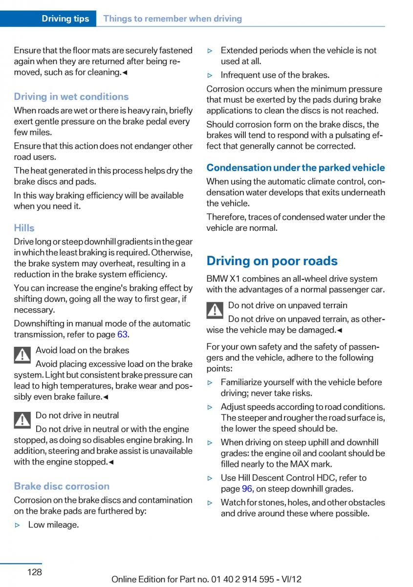 BMW X1 E84 owners manual / page 128