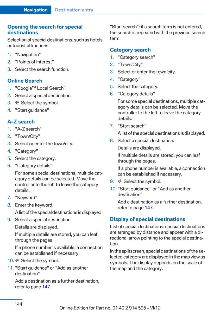 BMW X1 E84 owners manual / page 144