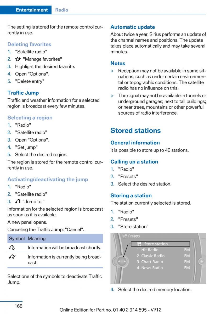 BMW X1 E84 owners manual / page 168