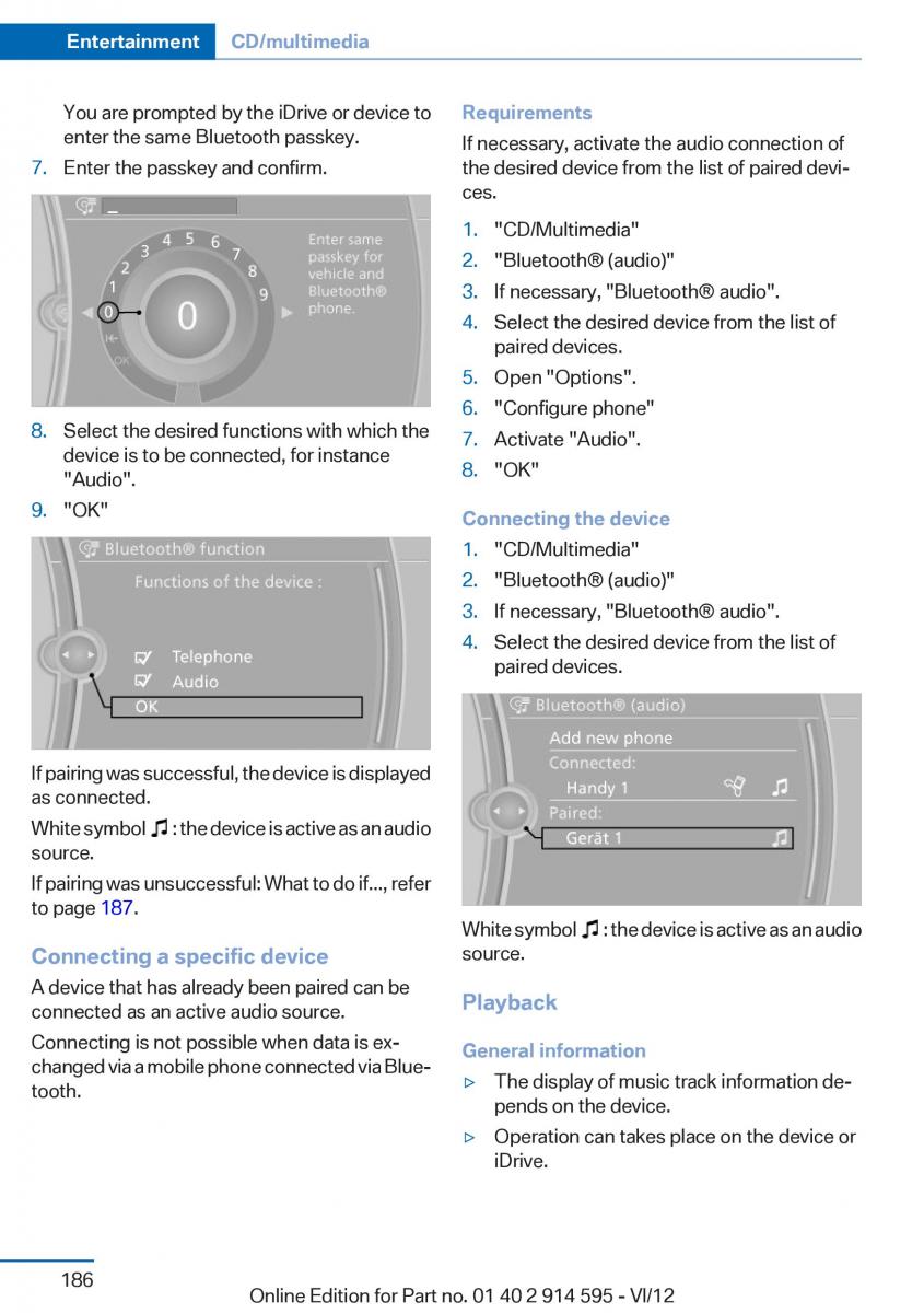 BMW X1 E84 owners manual / page 186