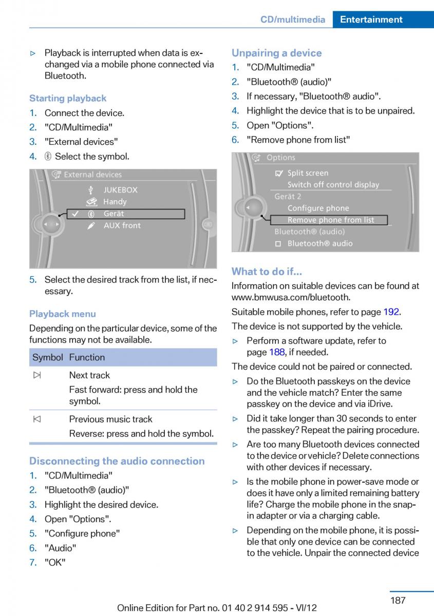 BMW X1 E84 owners manual / page 187