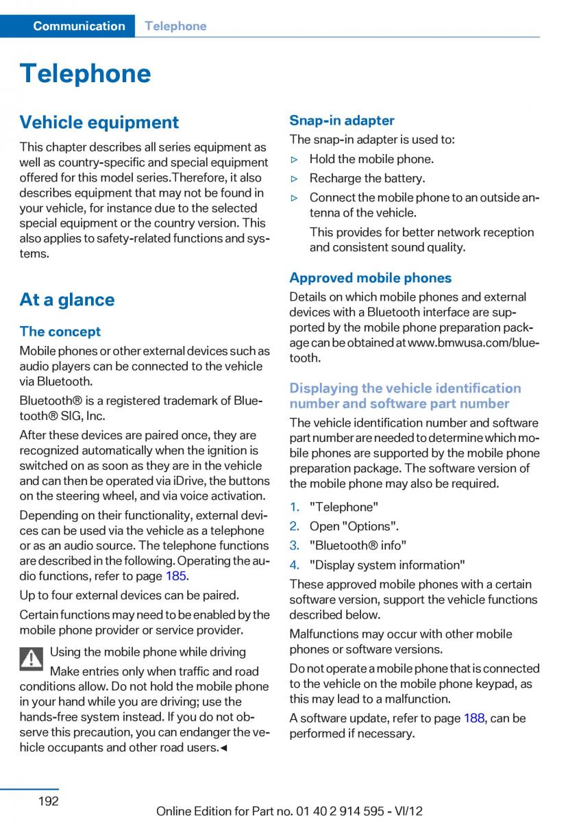 BMW X1 E84 owners manual / page 192