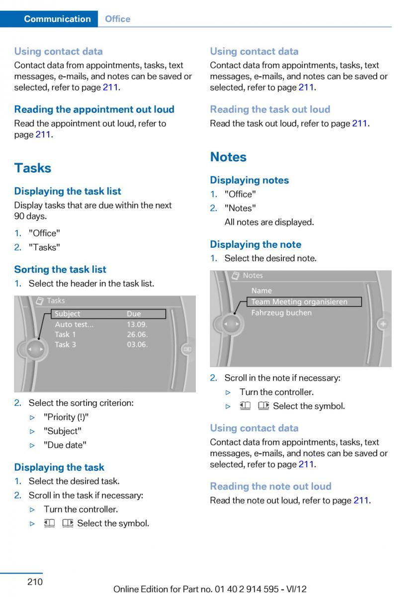 BMW X1 E84 owners manual / page 210