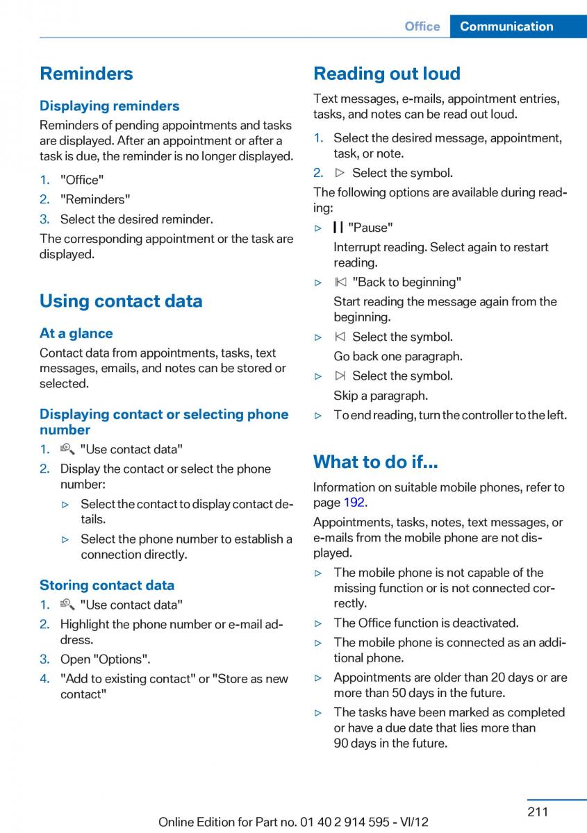 BMW X1 E84 owners manual / page 211