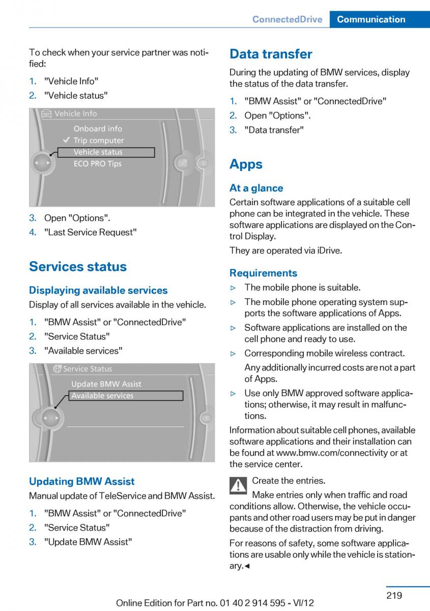 BMW X1 E84 owners manual / page 219