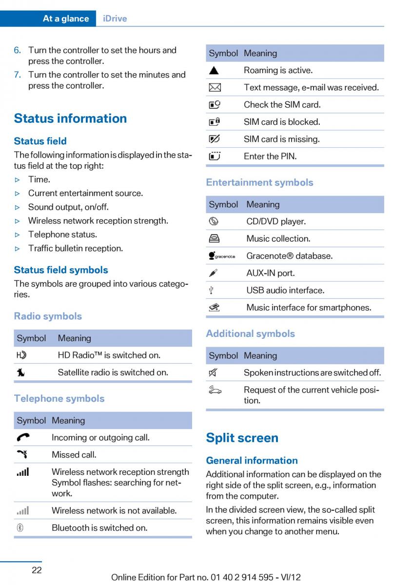 BMW X1 E84 owners manual / page 22