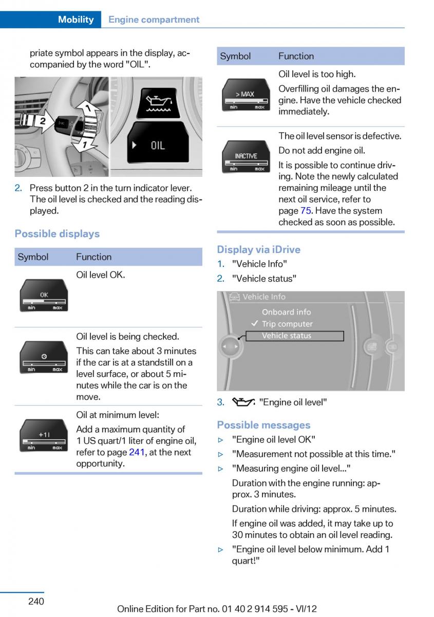 BMW X1 E84 owners manual / page 240