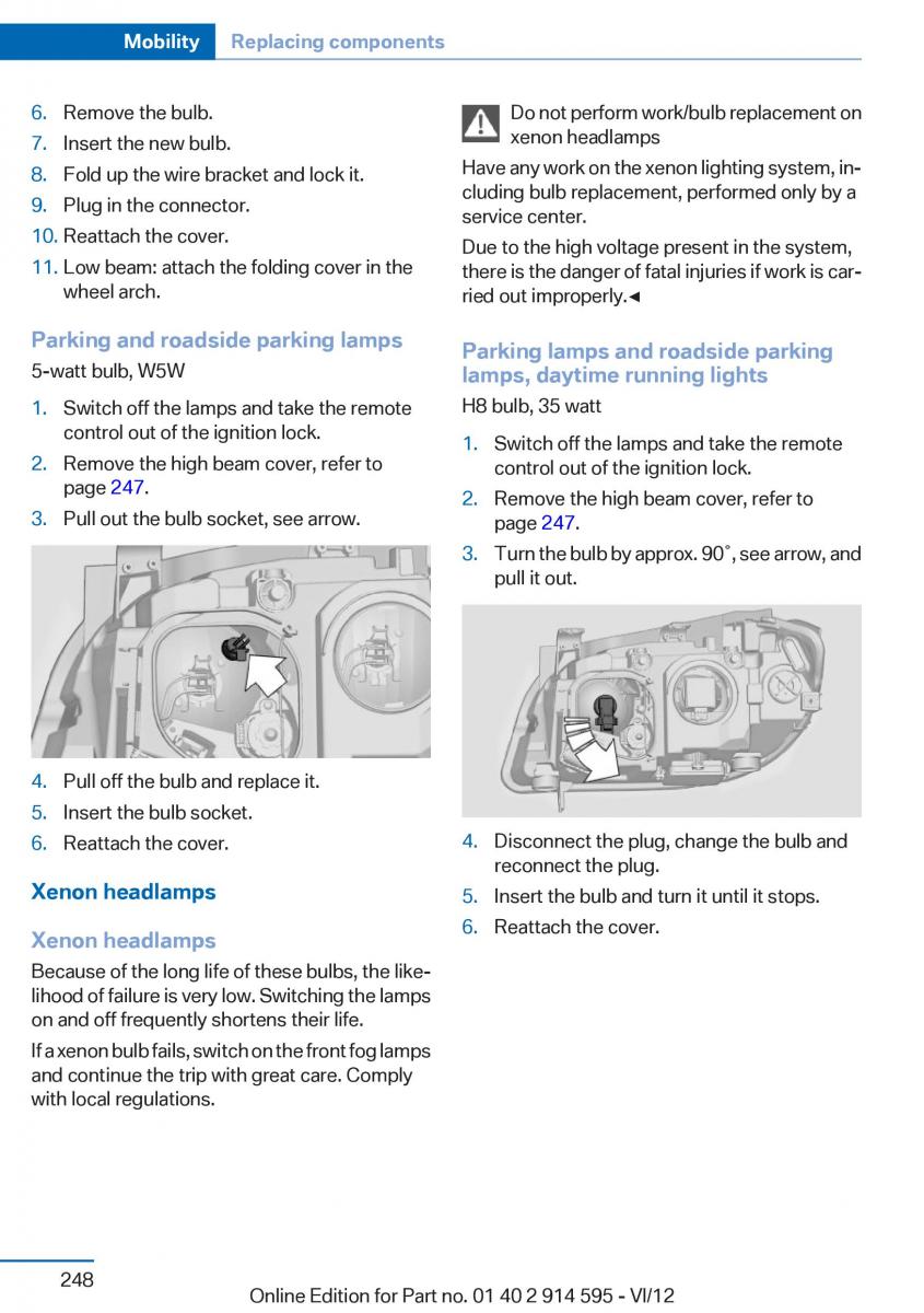 BMW X1 E84 owners manual / page 248