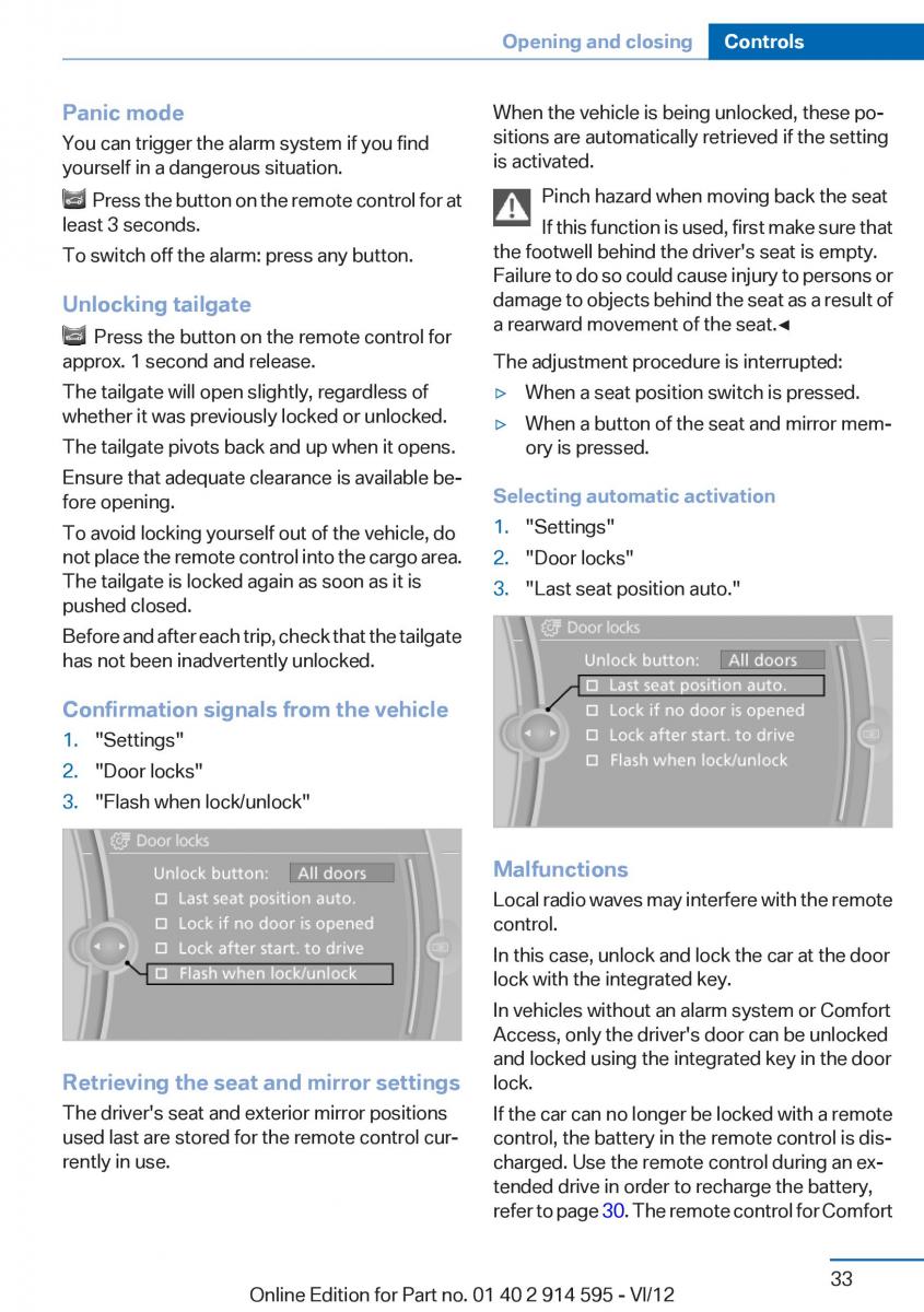 BMW X1 E84 owners manual / page 33