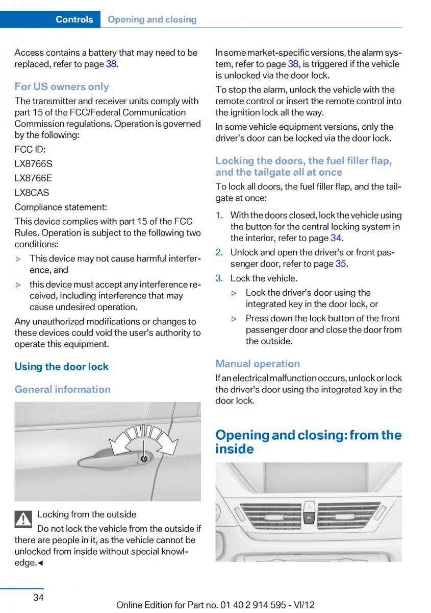 BMW X1 E84 owners manual / page 34