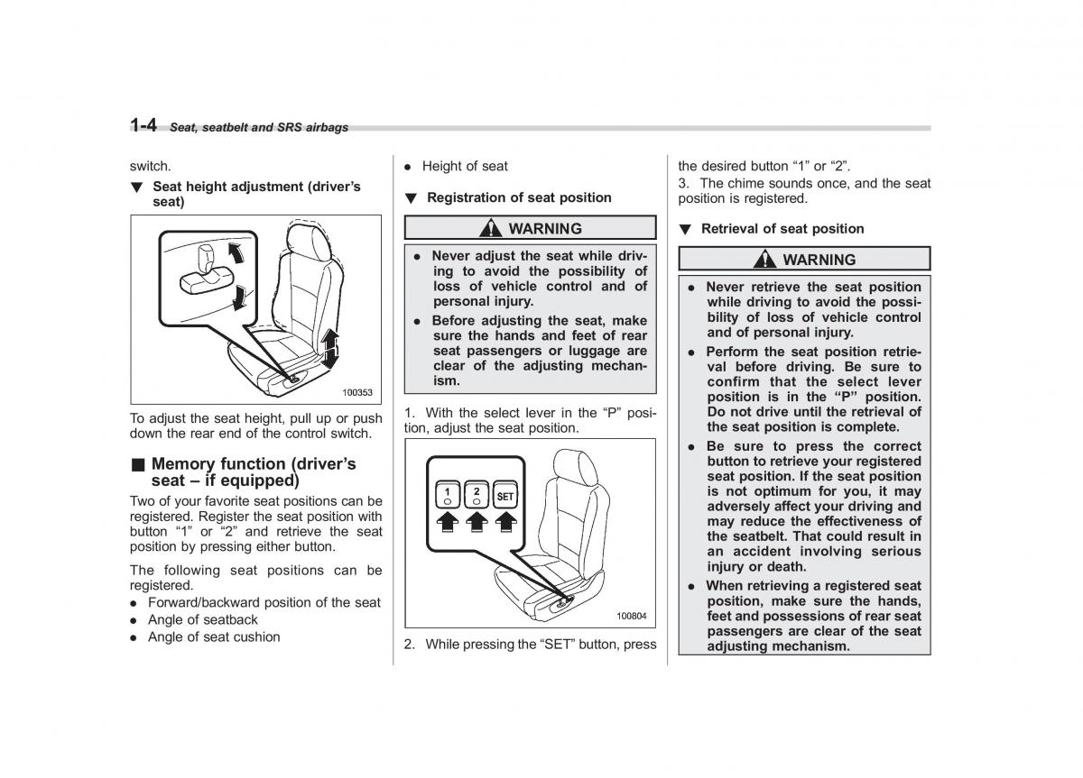 Subaru Tribeca owners manual / page 31