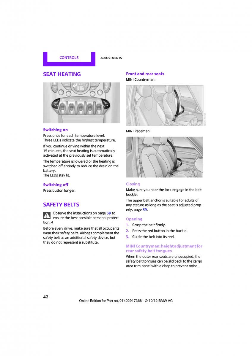 Mini Paceman owners manual / page 43