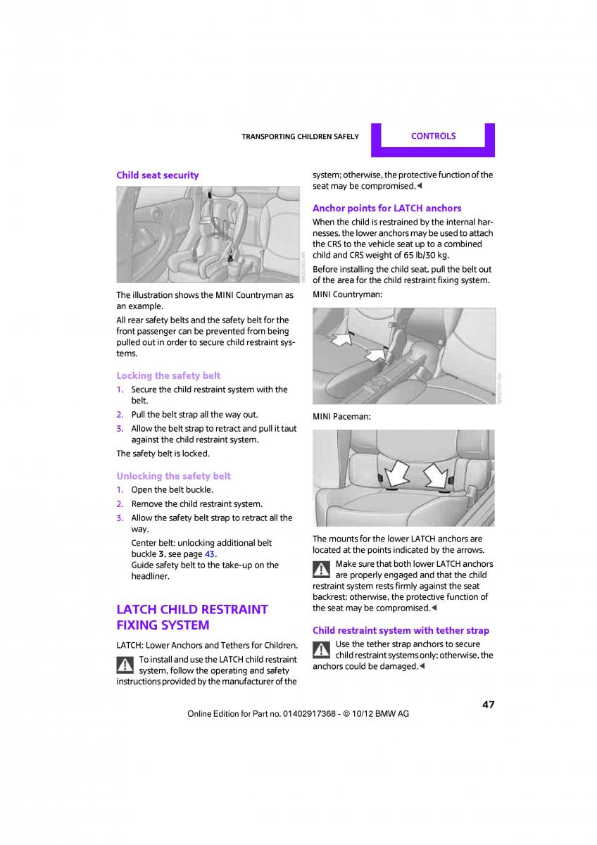 Mini Paceman owners manual / page 48