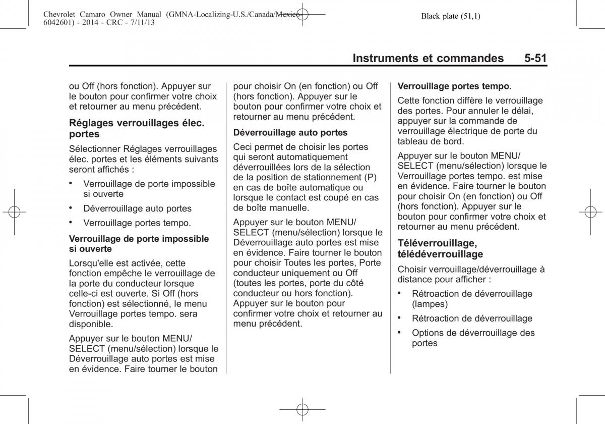 Chevrolet Camaro V 5 manuel du proprietaire / page 169