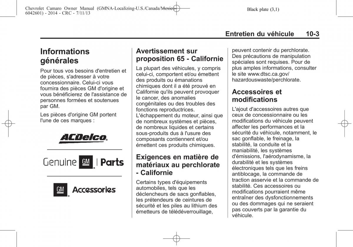 Chevrolet Camaro V 5 manuel du proprietaire / page 299