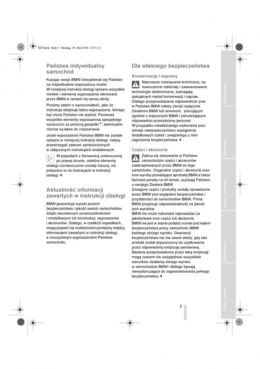 BMW Z4 E85 E86 instrukcja obslugi / page 6