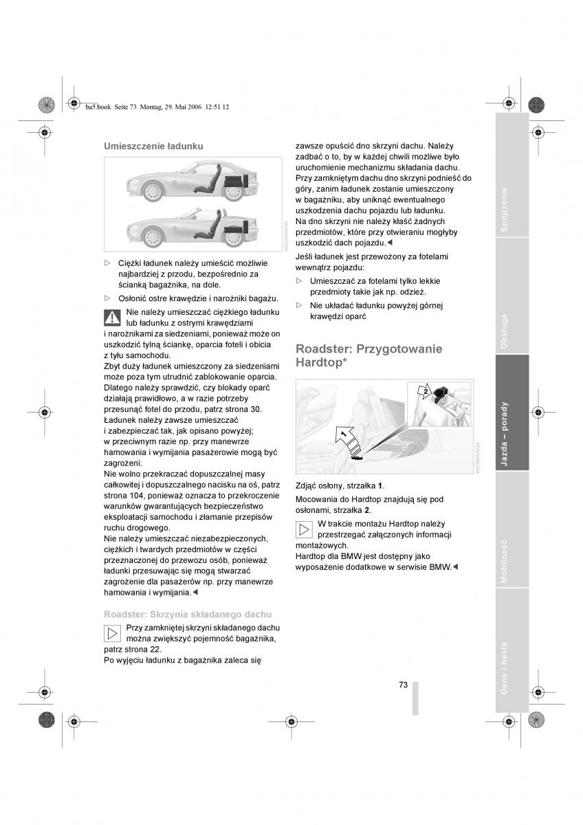 BMW Z4 E85 E86 instrukcja obslugi / page 74