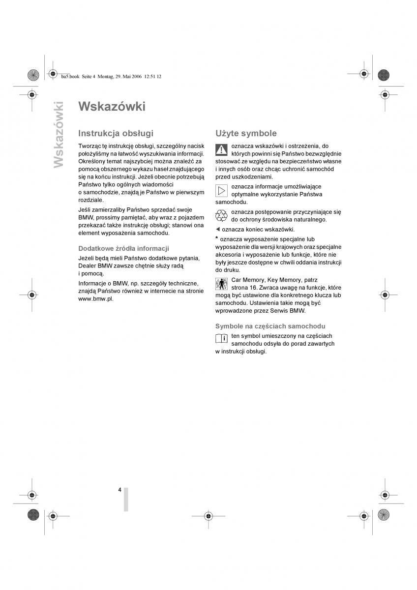 BMW Z4 E85 E86 instrukcja obslugi / page 5