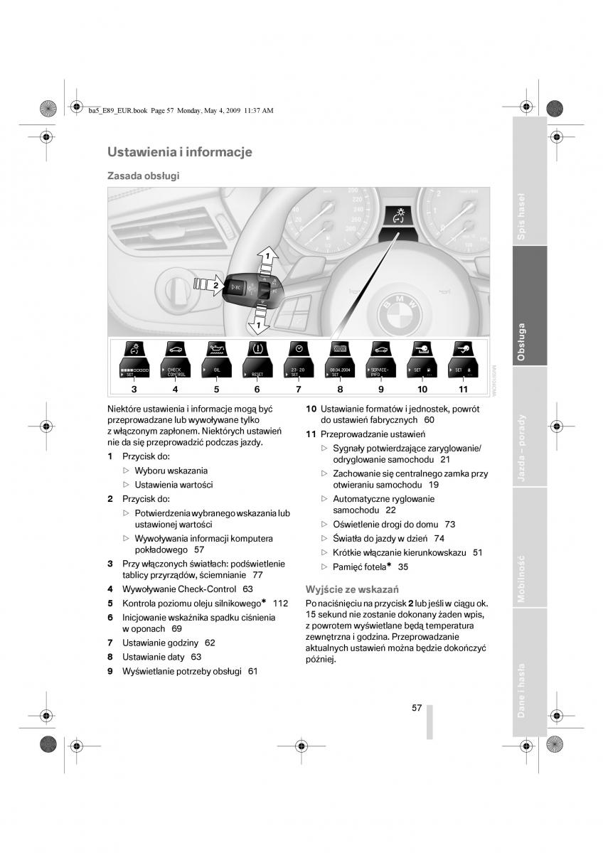 BMW Z4 E89 instrukcja obslugi / page 58