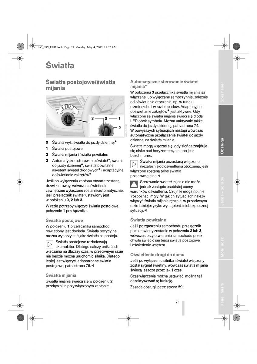 BMW Z4 E89 instrukcja obslugi / page 72