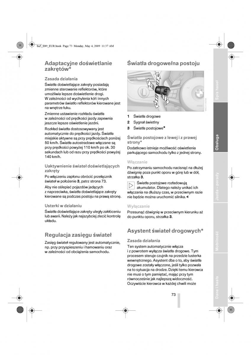 BMW Z4 E89 instrukcja obslugi / page 74