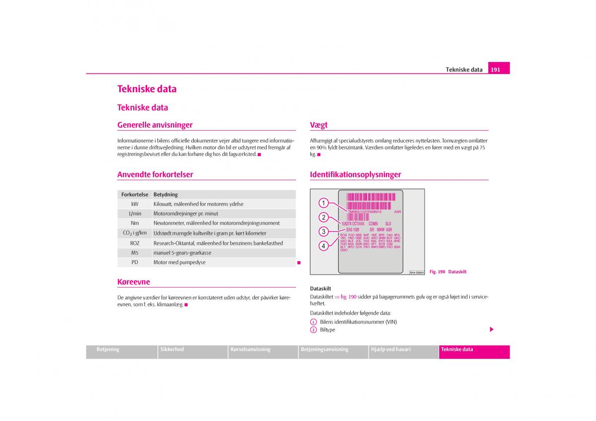 Skoda Octavia I 1 Bilens instruktionsbog / page 192