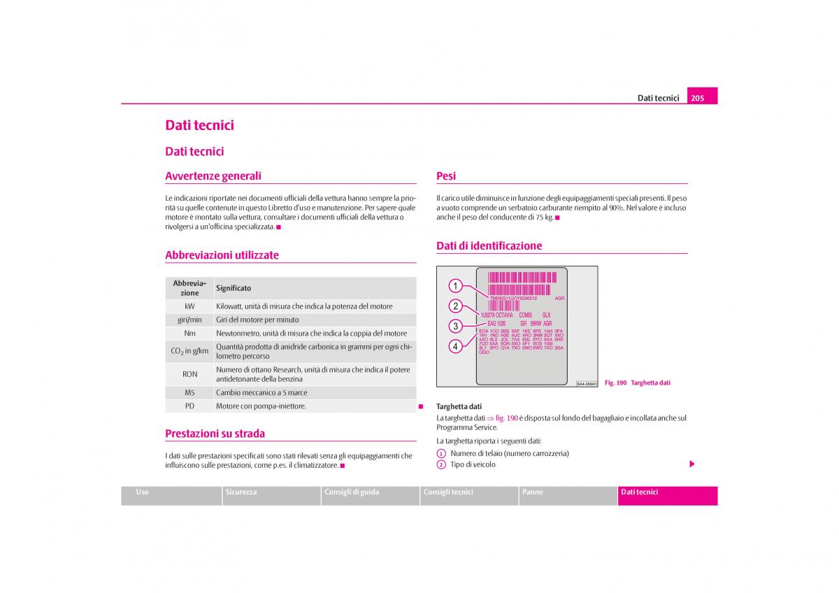 Skoda Octavia I 1 manuale del proprietario / page 206