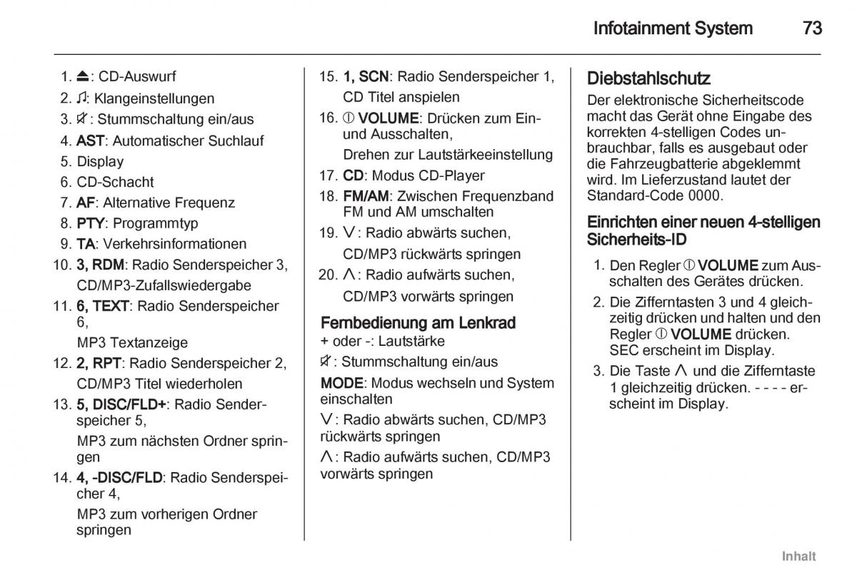 Opel Agila B Handbuch / page 73