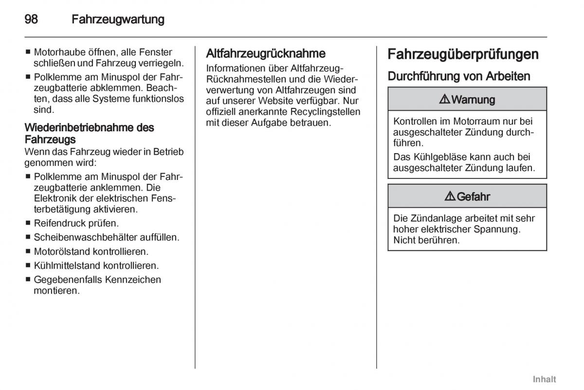 Opel Agila B Handbuch / page 98