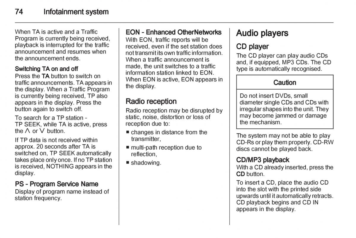 Opel Agila B owners manual / page 74