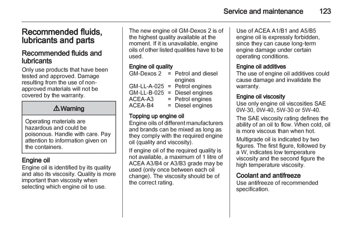 Opel Agila B owners manual / page 123