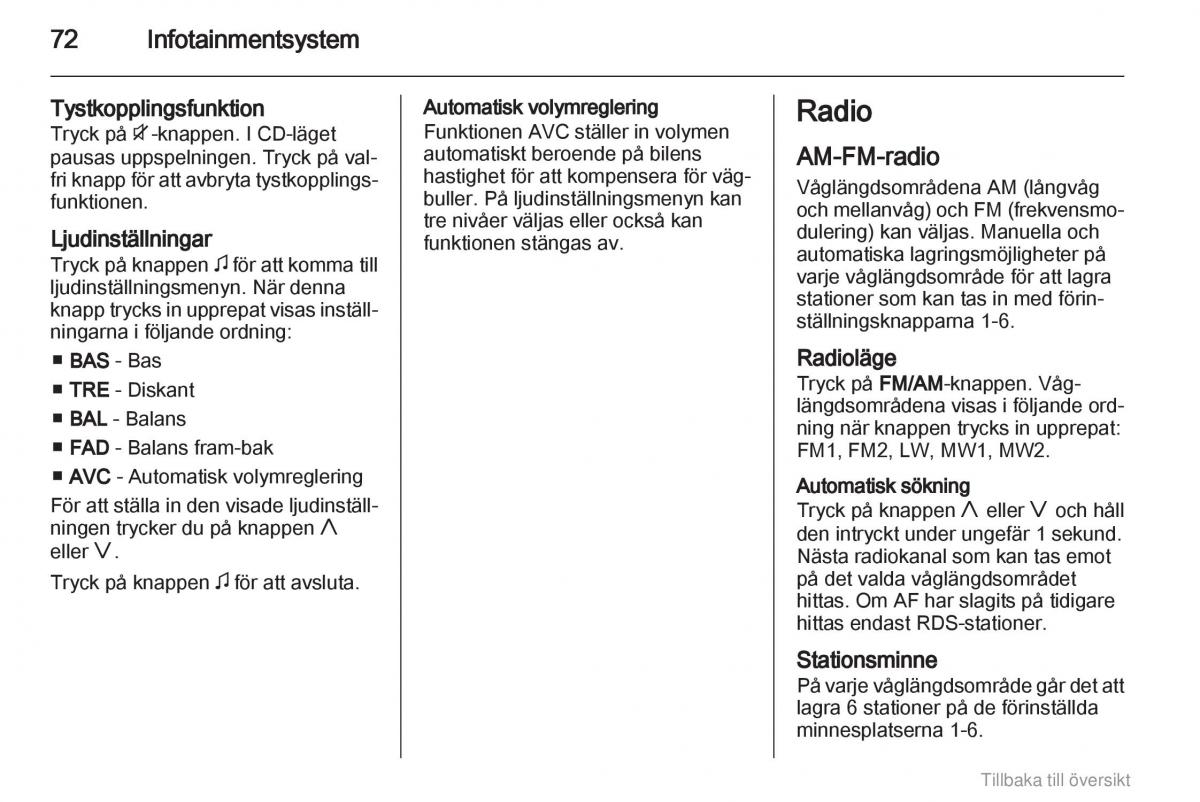 Opel Agila B instruktionsbok / page 72