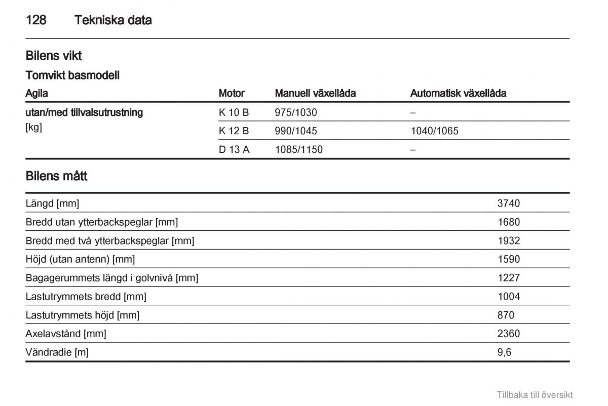 Opel Agila B instruktionsbok / page 128