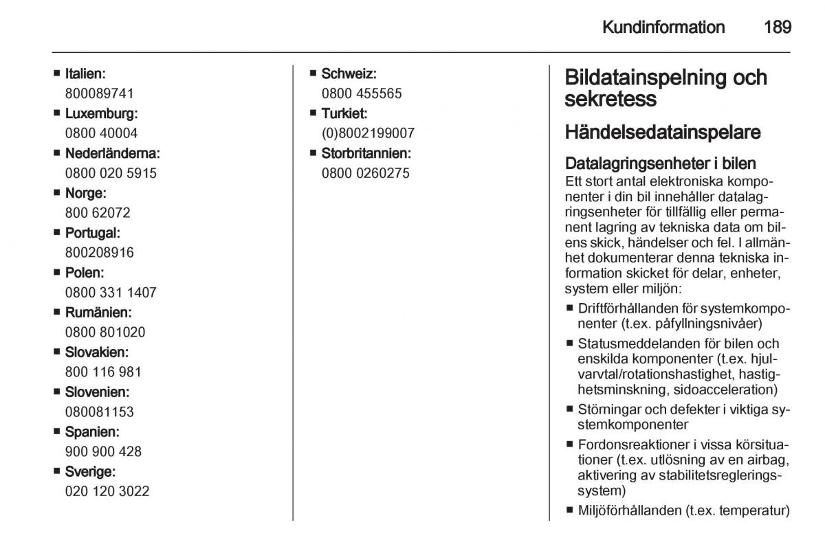 Opel Ampera instruktionsbok / page 191