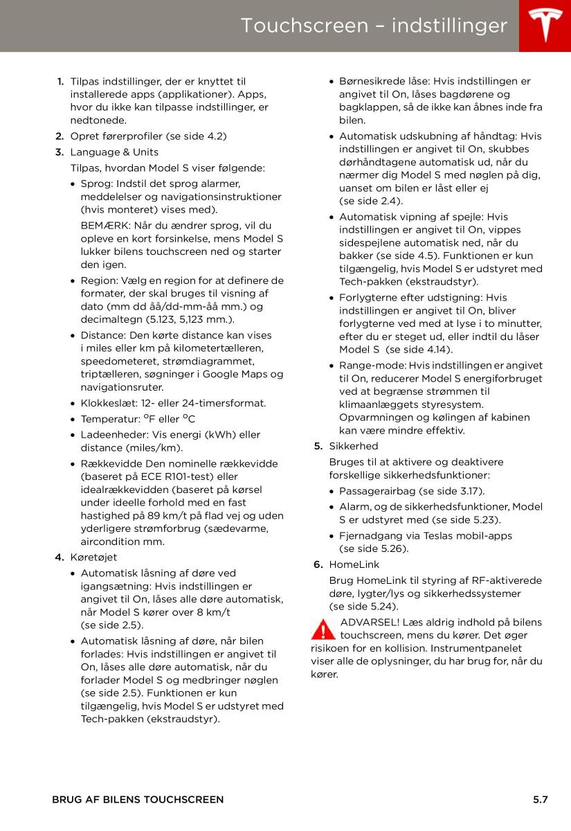 Tesla S Bilens instruktionsbog / page 73