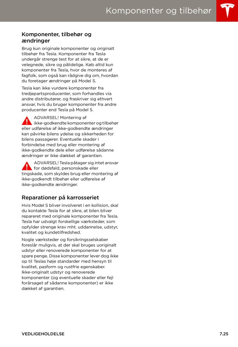 Tesla S Bilens instruktionsbog / page 125