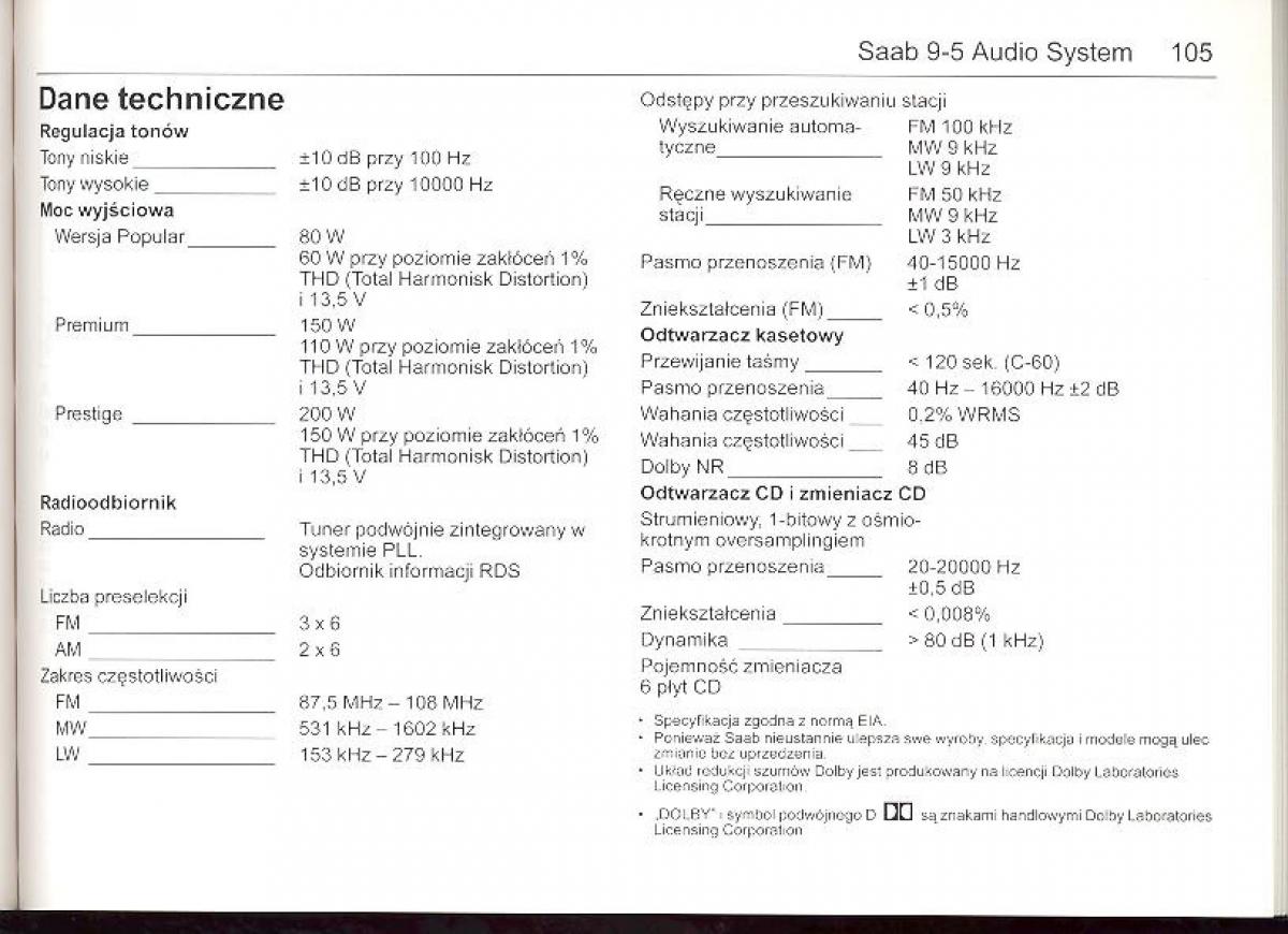 Saab 9 5 I 1 YS3E instrukcja obslugi / page 104