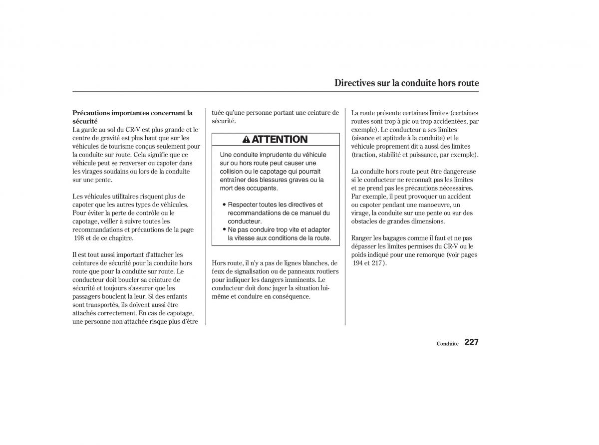 Honda CR V II 2 manuel du proprietaire / page 226