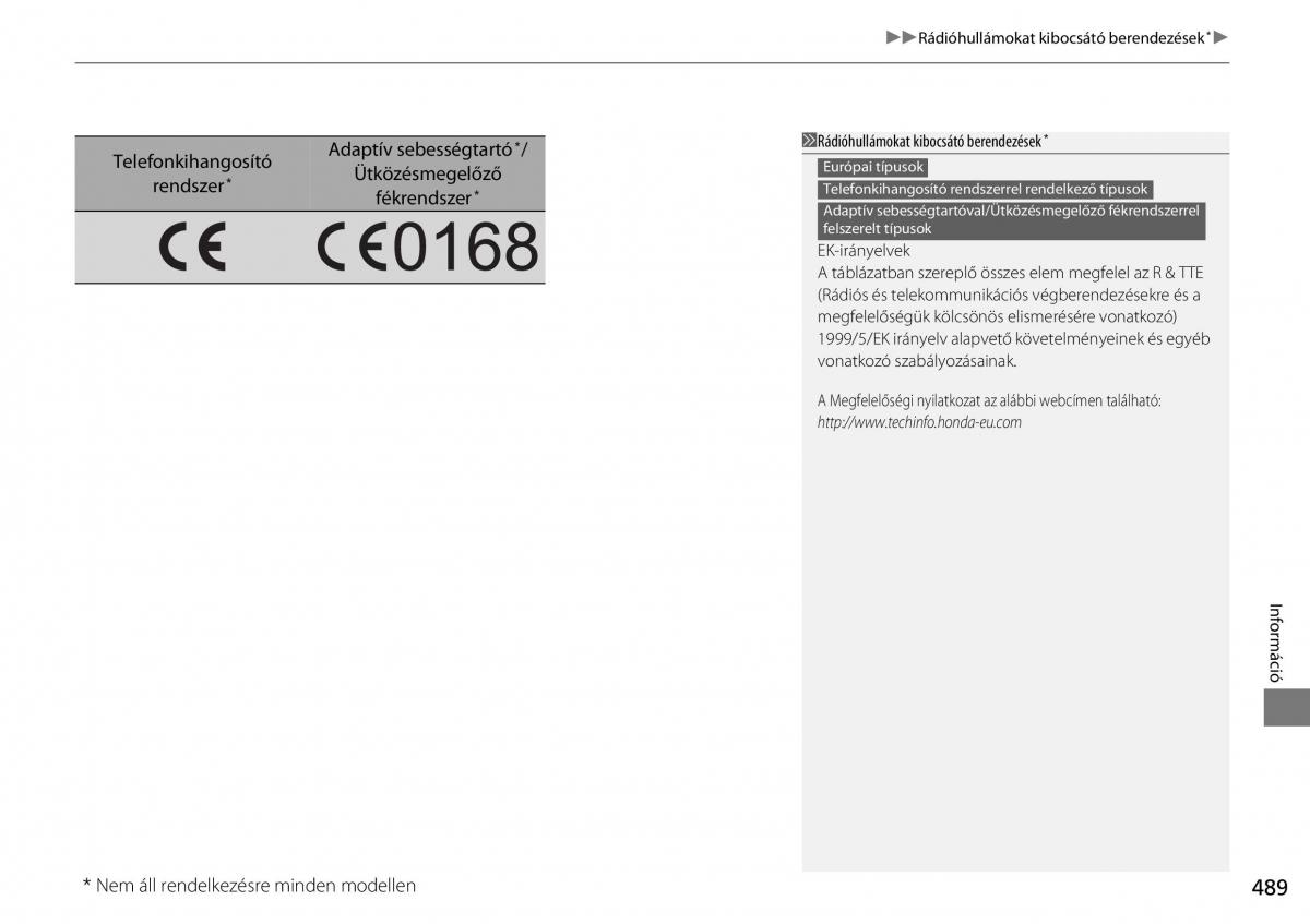 Honda CR V IV 4 Kezelesi utmutato / page 490