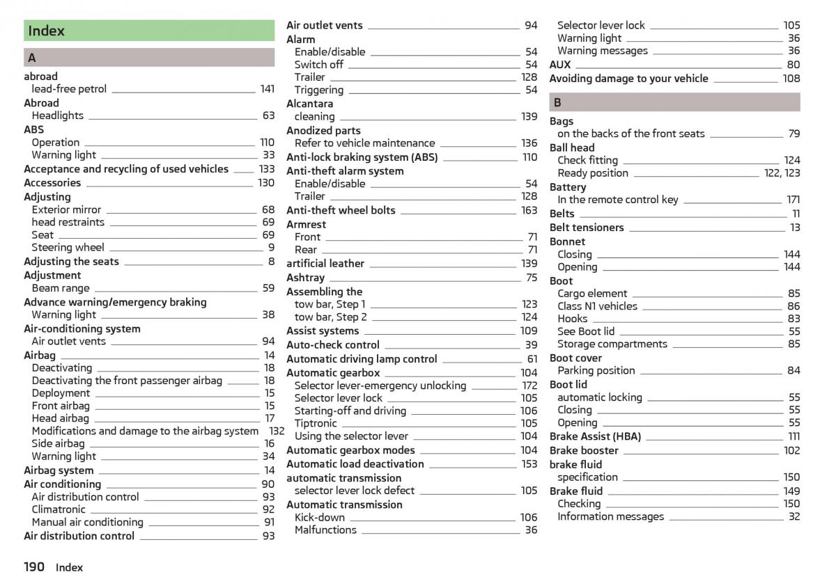 Skoda Rapid owners manual / page 192