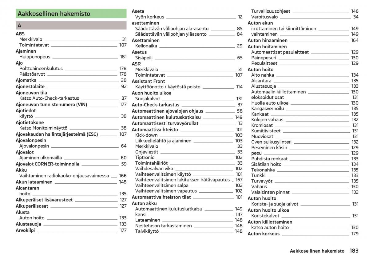 Skoda Rapid omistajan kasikirja / page 185