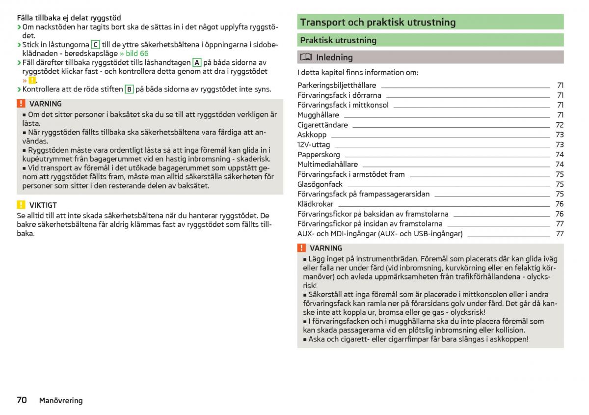 Skoda Rapid instruktionsbok / page 72