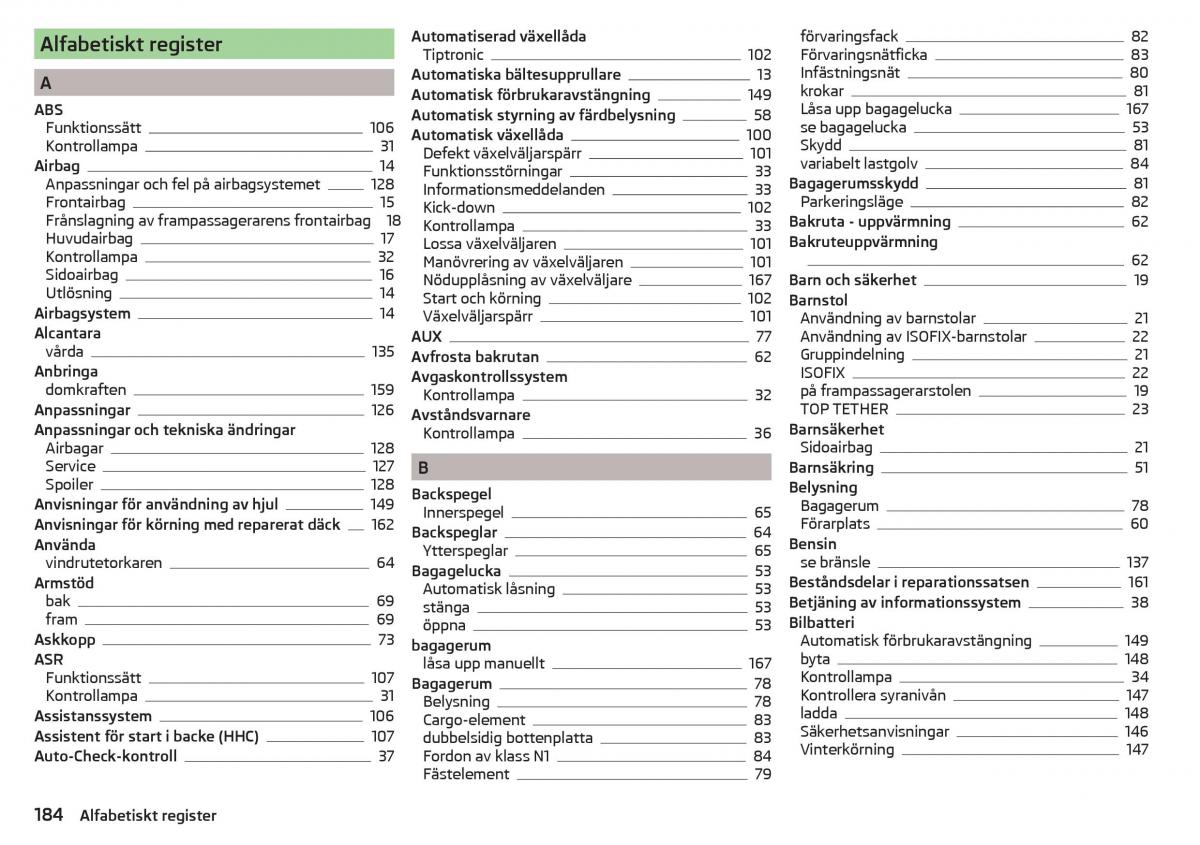 Skoda Rapid instruktionsbok / page 186