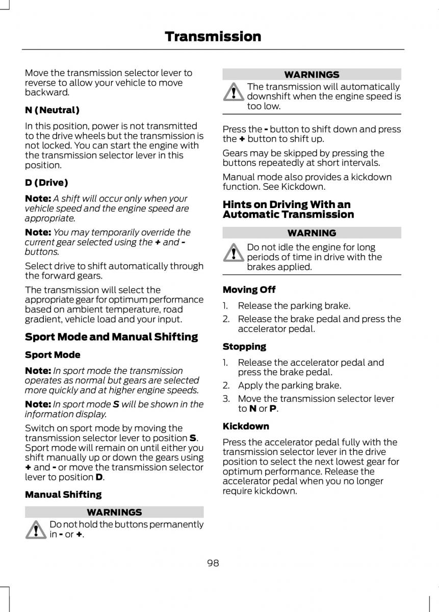 Ford B Max owners manual / page 100