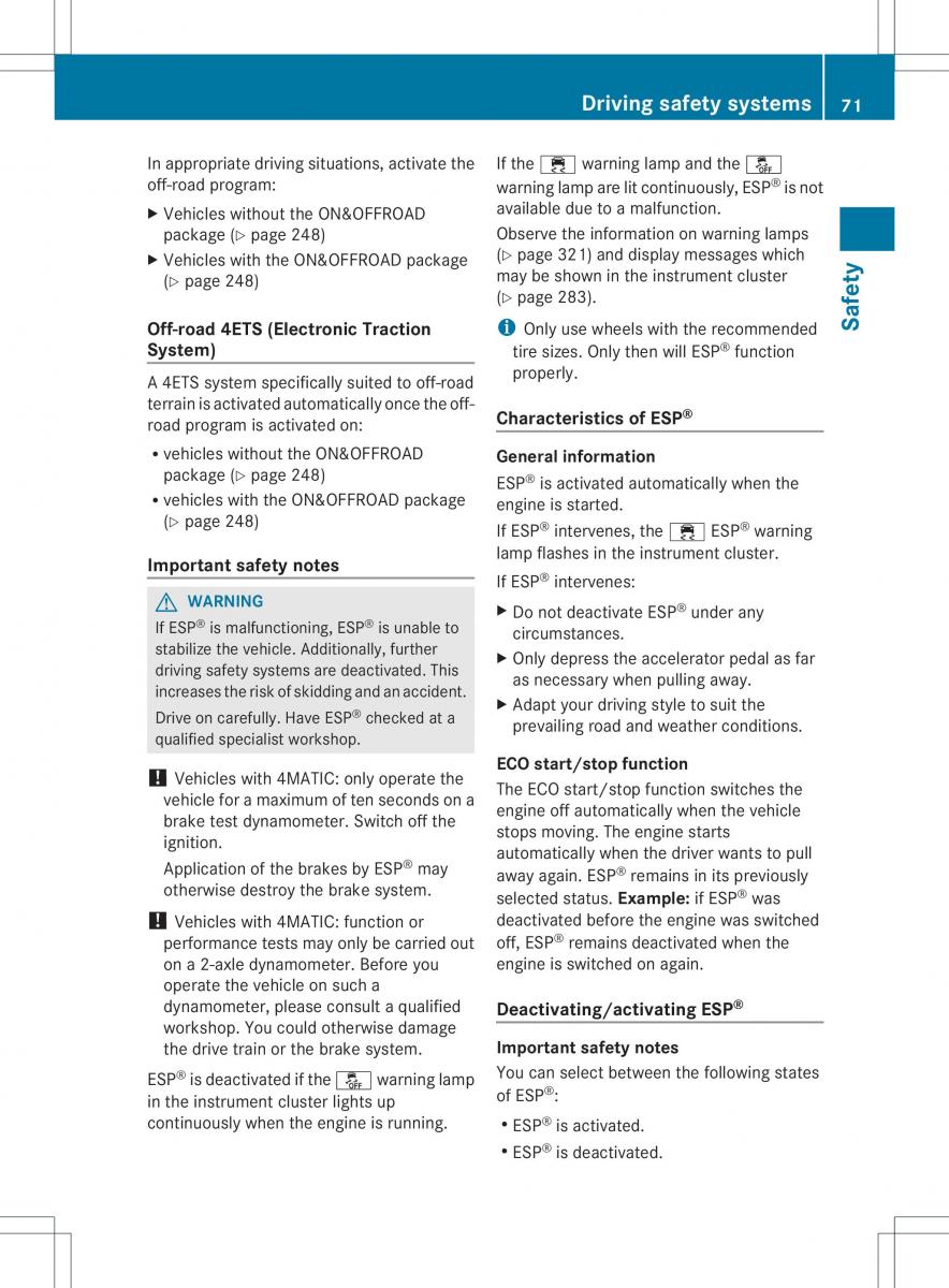 Mercedes Benz ML Class W166 owners manual / page 73