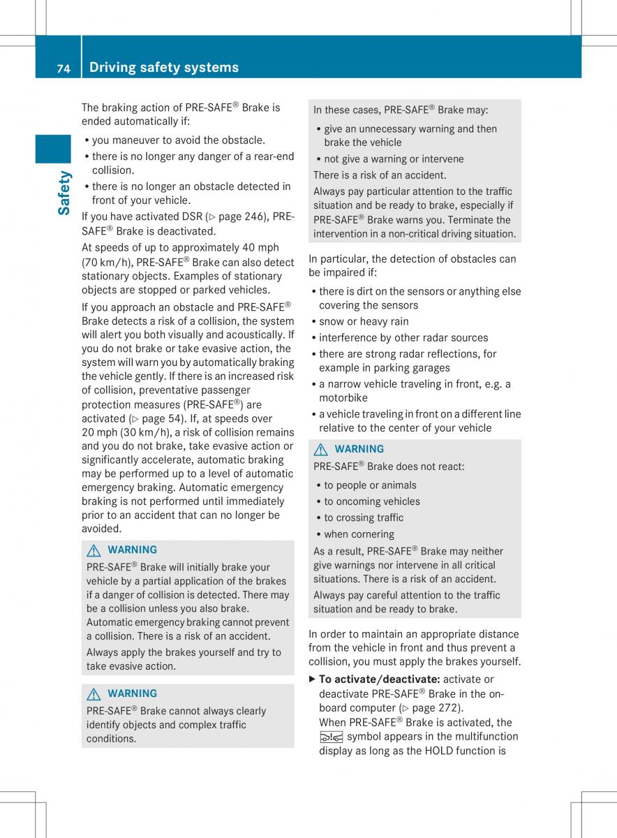 Mercedes Benz ML Class W166 owners manual / page 76