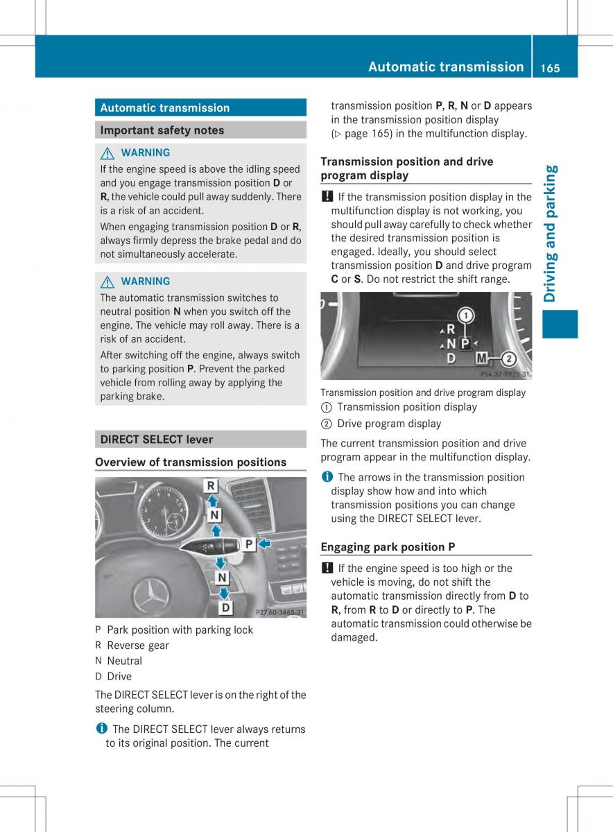 Mercedes Benz ML Class W166 owners manual / page 167