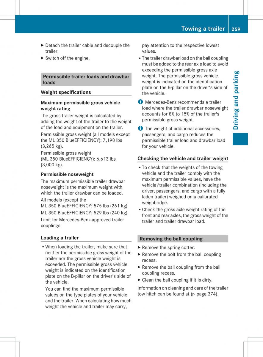 Mercedes Benz ML Class W166 owners manual / page 261