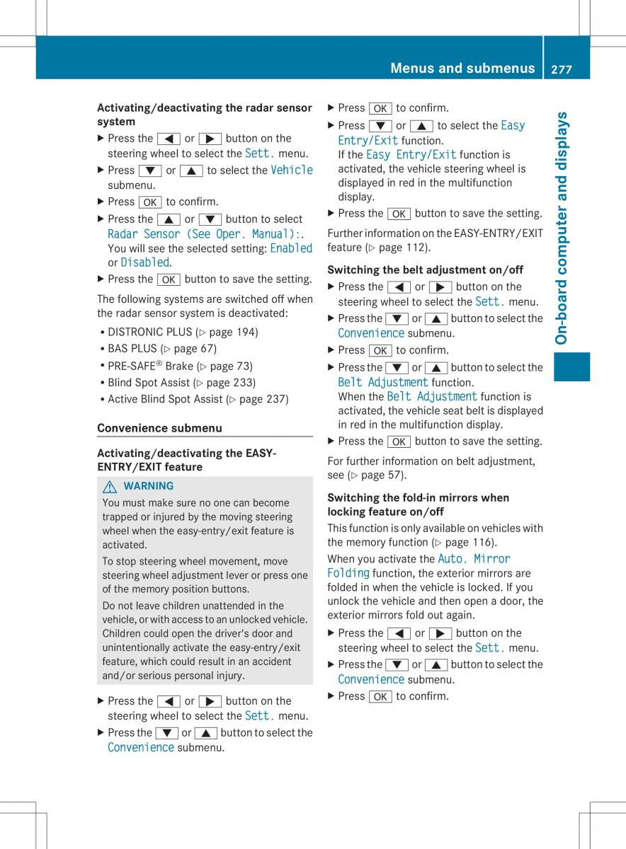 Mercedes Benz ML Class W166 owners manual / page 279