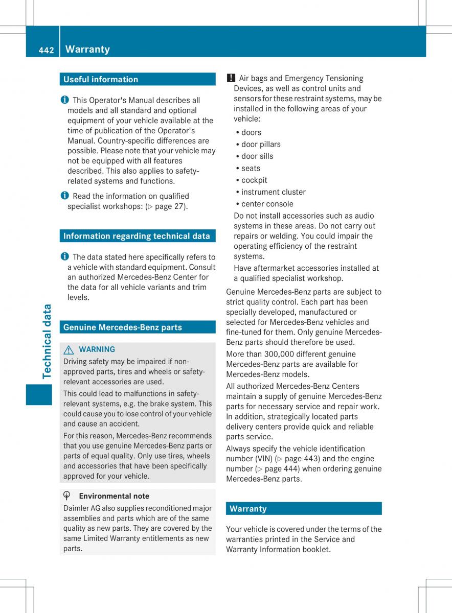 Mercedes Benz ML Class W166 owners manual / page 444